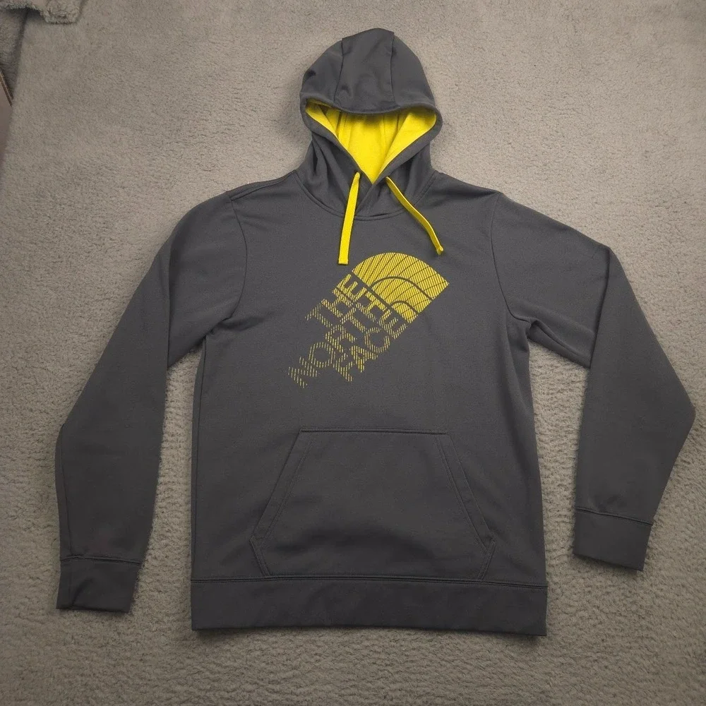 The North Face Mens Medium Hoodie Gray Yellow Logo Pullover Polyester Top
